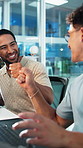 Fist bump, happy and men in office with celebration for programming, coding or system update. Smile, support and male coders with web development, firewall or cybersecurity project at startup agency.