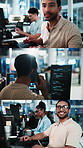 Face, series and man in office, programming and happiness for firewall safety, internet and cyber security. People, employee and programmer in workplace, pc and software development for startup