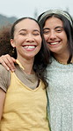 Hug, face and women friends outdoor for travel, happiness and bonding in nature. Portrait, smile and female people with embrace for getaway break, together and care with laughing  for connection