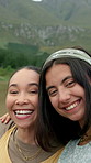 Excited, face and women with selfie in nature for outdoor adventure, travel or vacation. Portrait, female people or hug with smile, embrace or photography for picture, trip or happy memory together