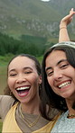 Happy women, face and friends with selfie in nature for outdoor adventure, travel or vacation. Portrait, female people or hug with smile, embrace or photography for picture, trip or memory together