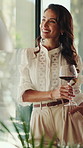 Thinking, happy and woman with wine by window to relax on weekend, good mood and chill on break. House, laugh and mature person with alcohol, drink and glass for calm, reflection and daydreaming