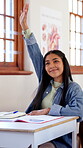 Teenager, girl and question in classroom with raised hand, learning skills or participation for quiz. Student, query and knowledge in high school with assessment, scholarship or academy for education