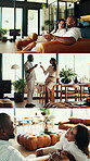 Couple, series and relax with wine in house, celebration and funny discussion with partner on break. Drinking, alcohol and mature people with smile on weekend, cheers and interracial relationship