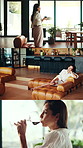Collage, thinking and woman with wine in home to relax on weekend, good mood and chill on break. House, sofa and mature person with alcohol, drink and glass for calm, inspiration and happy memory