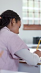 Student, education and girl writing in high school for exam assessment, evaluation quiz and essay. Scholarship, teenager and learning in classroom with academic assignment, course knowledge and test