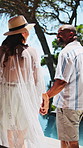 Walking, pool and couple holding hands at resort to celebrate marriage, anniversary and vacation together. Interracial, hotel and man with woman for bonding, love and relationship for summer holiday