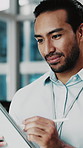 Business, programming and man in office, tablet for software development and server for password. Person, employee and programmer in workplace, cybersecurity research and coding tech for website info