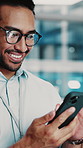 Business, programming and man in office, phone for software development and coding tech. Happy person, mobile user and programmer in workplace, cybersecurity research and website info for html script