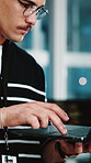 Typing, programming and man in office, laptop for software development and connection. Person, web design and programmer in workplace, pc for cybersecurity research and website info for html script