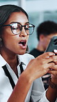 Yawn, tired and businesswoman with phone in office for texting, networking or contact on mobile app. Fatigue, technology and female employee with cellphone for social media or connection with burnout