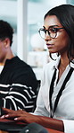Typing, review and woman with programming in agency, server update and system maintenance planning. Software development, tech or it specialist with coding for program, troubleshooting or debug test
