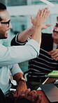 High five, excited or man with laptop in office, software update project success or team celebration. Tech, people or programmer with smile for operational system, achievement or support for winning 