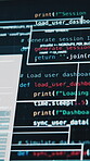 Computer screen, online and closeup of code, script and software development on website and virtual. Programming, fast and system update on server, cybersecurity and cloud computing on app or display