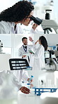 Series, research and people in lab, tablet and high five for science experiment. Man, scientist and woman in workplace, microscope and biotech for test results, collaboration and medical vaccine