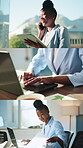 Business, collage or financial analyst in office with tech, funding review or budget pitch in online chat. Montage, tablet or black woman with paper, data update or investment proposal in phone call.
