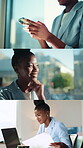 Business, woman and happy with tech in office for income report, market insight or industry research. Hands of analyst, series and black person on laptop for budget statement, thinking or mobile chat