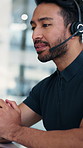 Headset, man and call center agent in office with online consultation, conversation or crm. Talking, mic and male technical support consultant with helpdesk for customer service or contact us.