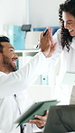 Scientist, tablet and high five in laboratory with celebration, medical research and success. Biotech discussion, experiment report and people with digital tech for support, review and feedback
