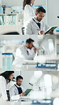 Scientist, chemistry and microscope in laboratory with tablet, medical research and development. Biotech series, experiment report and people with tech for discussion, synthesis and drug invention
