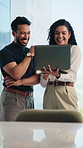 People, talk and laugh in office with laptop, funny proposal or comedy trend for digital marketing. Business, team and project discussion in workplace with computer, collaboration or advertising joke