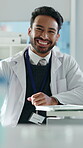 Science, face or man in lab with pride, ambition or experience in pharmaceutical study. Portrait, happiness scientist in clinic with confidence, career growth or about us in medical research.