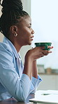 Thinking, business and black woman with coffee in office for inspiration, stress relief and break. Corporate, thoughtful and person with beverage, drink and caffeine for energy, productivity and idea