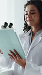 Science, review or woman in lab with tablet, study recording or digital research for experiment. Scroll, online checklist or scientist with tech, medical report or data processing in clinical trial.
