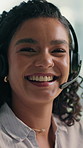 Headset, woman and face of call center consultant in office with online consultation, advice or crm. Portrait, mic and female technical support agent with helpdesk for customer service or contact us.