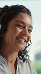 Call center, customer care and woman talk for advice, laugh or help for technical support in office. Funny, consultant and person with headset for IT feedback, solution and contact us for assistance