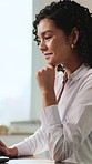 Thinking, creative and business woman on laptop for proofreading article, editing and review. Publishing, journalism and person on computer for typing news report, planning and research for story