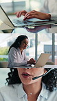 Headset, collage and businesswoman with laptop in office with discussion, typing and talking. Computer, mic and composite of female employee with project, contact us or communication in workplace.