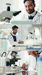 Scientist, smile and microscope in laboratory for chemistry, medical research or development. Biotech series, man and experiment report with tech for study feedback, pathology or drug invention