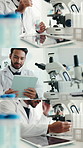 Collage, science and man with tablet and microscope for sample, medical study and research. Pharmaceutical, montage and person on tech and equipment for innovation, medicine and clinical study in lab