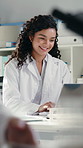 Happy woman, scientist and research with laptop in laboratory for medical study or discovery. Female person, doctor or healthcare worker with smile on computer for forensic data or test results