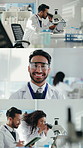 Montage, science and man with tablet and microscope for sample, medical study and research. Pharmaceutical, collage and people on tech and equipment for innovation, medicine and clinical trial in lab