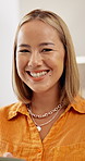 Happy, phone and face of woman in home with smile for social media, internet and online chat. House, laugh and portrait of person on smartphone for typing message, website and connection on weekend