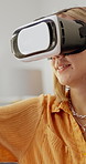Woman, vr headset and happy in home with game in metaverse, futuristic tech and interactive ui. Person, augmented reality and goggles with 3d vision, digital world and application at apartment