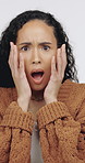 Shock, wow and face of woman in studio for announcement, gossip or news with omg for deal. Surprise, portrait and female person amazed for rumor, wtf or mind blown with drama by white background.