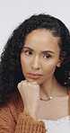 Thinking, makeup and woman in studio with doubt, decision or wonder with beauty, cosmetics or glow. Choice, health and person with planning for facial cosmetology by white background for self care.