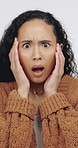 Shock, prize and face of woman in studio for announcement, gossip or news with omg for deal. Surprise, portrait and female person amazed for rumor, wtf or mind blown with drama by white background.