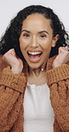 Happy, winning and face of woman in studio for bonus, discount or victory in competition. Excited, surprise and portrait of female person with wow reaction on achievement giveaway by white background