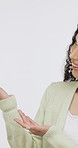 Student,  pointing and woman with presentation in studio, smile or recommendation for high education. White background, happy person and promotion for university funding opportunity, face and option