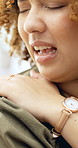 Woman, shoulder pain and stress with injury in home with tension, sore muscle or inflammation. Person, joint ache and massage for relief with fatigue, burnout or exhausted with touch at apartment