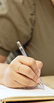 Hands, writing and notebook with computer in office for charts, budget or stats at startup company. Person, finance review and graphs with pc, report or funding for project management at media agency