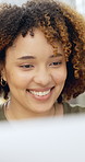 Woman, computer and happy with review at office with proposal, story or report at media company. Person, writer and smile with insight for editing process, feedback and article at creative agency