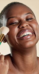 Blush, makeup brush and beauty with black woman in studio for self care, glow and foundation. Cosmetics, highlighter shine and cosmetology with person on white background for eyeshadow and smile
