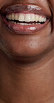 Happy, beauty and dental with lips of woman in studio for oral hygiene, orthodontics and veneers. Self care, smile and teeth whitening with mouth of person on white background for gum health