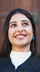 Thinking, lawyer and happy woman in city for legal career, case study and future justice. Government, attorney and person with reflection by courthouse for opportunity, legislation and constitution