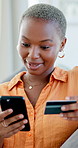 Smile, black woman and phone with credit card at house for ecommerce, fintech and transaction. Happy, person and mobile for online shopping, easy payment and bank information of purchase subscription
